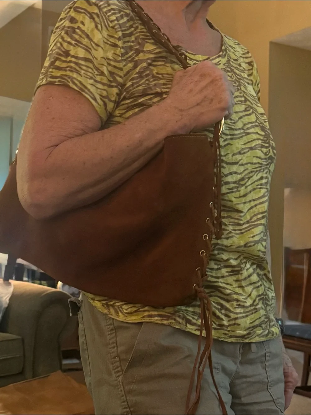 Brown Suede Shoulder Bag with Eyelet Lacing